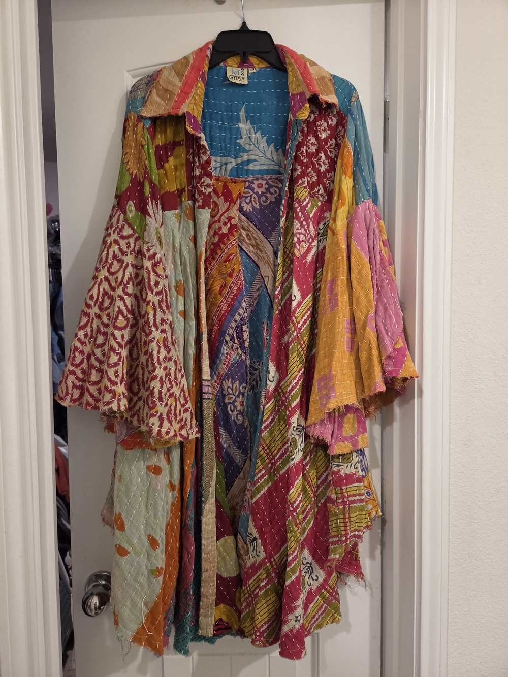 Colorful Patchwork Boho Kimono Cape in Teal, Pink & Mustard